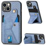 For iPhone 15 Plus Carbon Fiber Wallet Flip Card K-shaped Holder Phone Case(Blue)