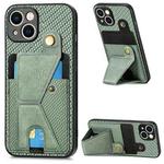 For iPhone 15 Plus Carbon Fiber Wallet Flip Card K-shaped Holder Phone Case(Green)