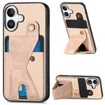 For iPhone 16 Carbon Fiber Wallet Flip Card K-shaped Holder Phone Case(Khaki)