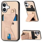 For iPhone 16 Plus Carbon Fiber Wallet Flip Card K-shaped Holder Phone Case(Khaki)