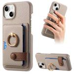 For iPhone 15 Litchi Leather Oil Edge Ring Card Back Phone Case(Khaki)