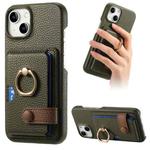 For iPhone 15 Litchi Leather Oil Edge Ring Card Back Phone Case(Green)