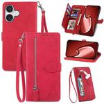 For iPhone 16 Embossed Flower Zipper Leather Phone Case(Red)