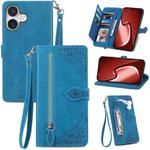 For iPhone 16 Embossed Flower Zipper Leather Phone Case(Blue)