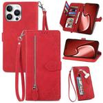 For iPhone 16 Pro Embossed Flower Zipper Leather Phone Case(Red)