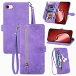 For iPhone 16e Embossed Flower Zipper Leather Phone Case(Purple)