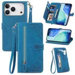 For iPhone 17 Pro Embossed Flower Zipper Leather Phone Case(Blue)