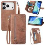 For iPhone 17 Pro Embossed Flower Zipper Leather Phone Case(Brown)