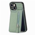 For iPhone 15 Carbon Fiber Vertical Flip Zipper Phone Case(Green)