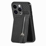 For iPhone 15 Pro Carbon Fiber Vertical Flip Zipper Phone Case(Black)