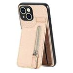 For iPhone 15 Plus Carbon Fiber Vertical Flip Zipper Phone Case(Khaki)
