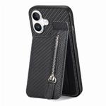 For iPhone 16 Plus Carbon Fiber Vertical Flip Zipper Phone Case(Black)