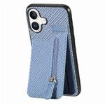 For iPhone 16 Plus Carbon Fiber Vertical Flip Zipper Phone Case(Blue)