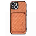 For iPhone 15 Carbon Fiber Leather Card Magsafe Phone Case(Brown)