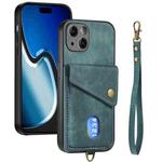 For iPhone 15 Retro Card Wallet Fold Leather Phone Case with Strap(Green)