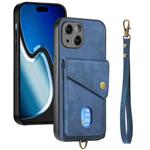 For iPhone 15 Plus Retro Card Wallet Fold Leather Phone Case with Strap(Blue)