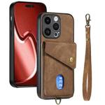 For iPhone 15 Pro Max Retro Card Wallet Fold Leather Phone Case with Strap(Brown)