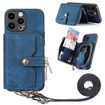 For iPhone 15 Pro Max Crossbody Multi-function Zipper Wallet Phone Case(Blue)