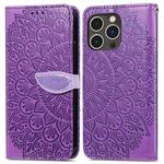 For iPhone 15 Pro Max Blooming Mandala Embossed Wings Buckle Leather Phone Case(purple)