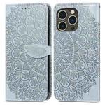 For iPhone 15 Pro Max Blooming Mandala Embossed Wings Buckle Leather Phone Case(Grey)