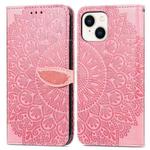 For iPhone 15 Plus Blooming Mandala Embossed Wings Buckle Leather Phone Case(Pink)