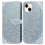 For iPhone 15 Blooming Mandala Embossed Wings Buckle Leather Phone Case(Grey)