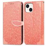 For iPhone 14 Plus Blooming Mandala Embossed Wings Buckle Leather Phone Case(Orange)
