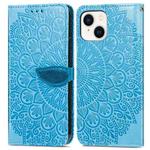 For iPhone 14 Plus Blooming Mandala Embossed Wings Buckle Leather Phone Case(Blue)