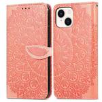 For iPhone 14 Blooming Mandala Embossed Wings Buckle Leather Phone Case(Orange)