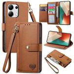 For Xiaomi Redmi Note 13 4G Love Zipper Lanyard Leather Phone Case(Brown)