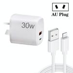 PD30W USB-C / Type-C + QC3.0 USB Charger with 1m USB to 8 Pin Data Cable, AU Plug(White)