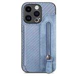 For iPhone 15 Plus Carbon Fiber Horizontal Flip Zipper Wallet Phone Case(Blue)