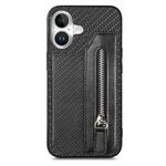 For iPhone 16 Carbon Fiber Horizontal Flip Zipper Wallet Phone Case(Black)