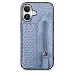 For iPhone 16 Carbon Fiber Horizontal Flip Zipper Wallet Phone Case(Blue)