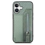 For iPhone 16 Carbon Fiber Horizontal Flip Zipper Wallet Phone Case(Green)