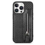 For iPhone 16 Pro Carbon Fiber Horizontal Flip Zipper Wallet Phone Case(Black)