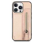 For iPhone 16 Pro Carbon Fiber Horizontal Flip Zipper Wallet Phone Case(Khaki)