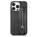 For iPhone 16 Pro Max Carbon Fiber Horizontal Flip Zipper Wallet Phone Case(Black)