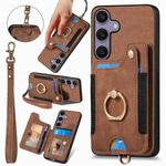 For Samsung Galaxy S25+ 5G Retro Skin-feel Ring Multi-card Wallet Phone Case(Brown)
