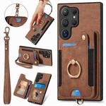 For Samsung Galaxy S25 Ultra 5G Retro Skin-feel Ring Multi-card Wallet Phone Case(Brown)