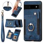 For Google Pixel 6A Retro Skin-feel Ring Multi-card RFID Wallet Phone Case with Lanyard(Blue)