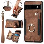 For Google Pixel 6A Retro Skin-feel Ring Multi-card RFID Wallet Phone Case with Lanyard(Brown)
