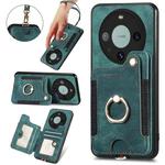 For Huawei Mate 60 Pro Retro Skin-feel Ring Multi-card RFID Wallet Phone Case with Lanyard(Green)