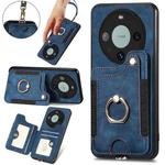 For Huawei Mate 60 Pro Retro Skin-feel Ring Multi-card RFID Wallet Phone Case with Lanyard(Blue)