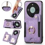 For Huawei Mate 60 Pro Retro Skin-feel Ring Multi-card RFID Wallet Phone Case with Lanyard(Purple)