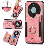 For Huawei Mate 60 Pro Retro Skin-feel Ring Multi-card RFID Wallet Phone Case with Lanyard(Pink)
