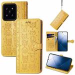 For Xiaomi 14 Cat and Dog Embossed Leather Phone Case(Yellow)