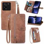 For Xiaomi 13T / 13T Pro Embossed Flower Zipper Leather Phone Case(Brown)