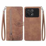 For Xiaomi Redmi K70 Embossed Flower Zipper Leather Phone Case(Brown)