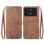 For Xiaomi Redmi K70E Embossed Flower Zipper Leather Phone Case(Brown)